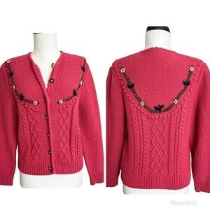 Vintage Giesswein Cottagecore Floral Wool Cardigan Sweater M Pink Embroidered